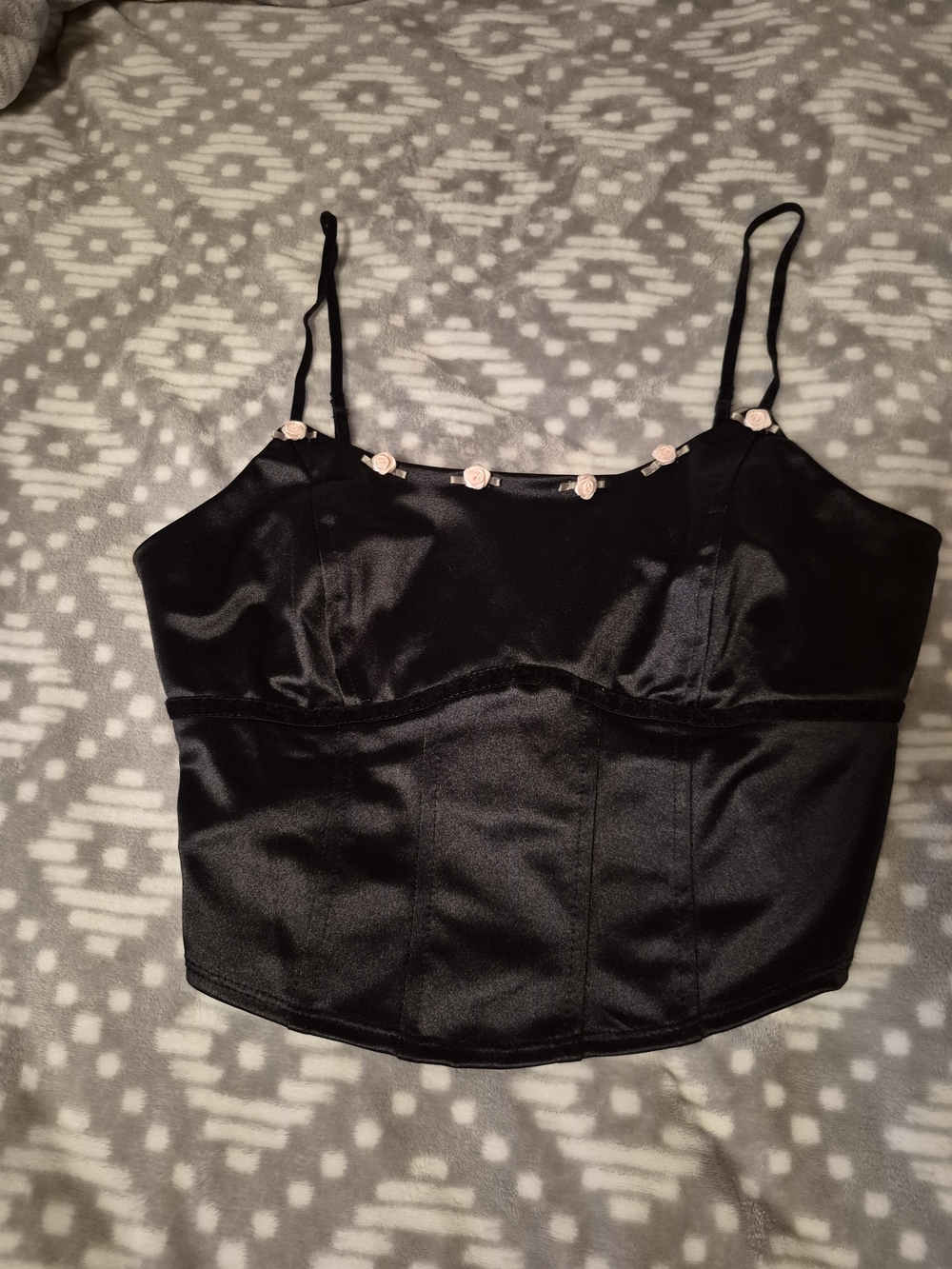 wild fable Black Satin Cami with Pink Rose Trim